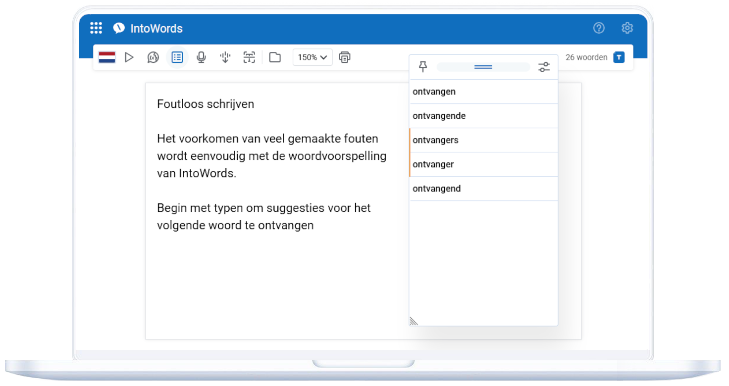 De IntoWords taakbalk met woordvoorspelling actief.